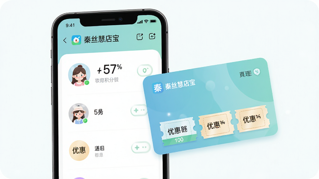 手机屏幕展示“秦丝慧店宝”会员管理界面,画面主体为手机与会员卡元素,布局为居中构图,排版简洁,风格为柔和清新风,细节包含会员头像、积分数字、优惠券图标,画质高清,干净,无多余元素