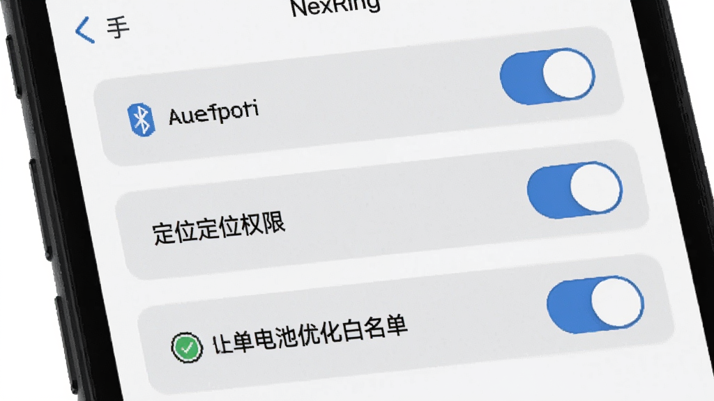 NexRing应用上手设置界面,画面主体为手机屏幕,屏幕内显示蓝牙开关、定位权限、电池优化白名单三个设置项,布局为纵向排列,风格浅灰质感,细节上每个设置项右侧有开关按钮,背景为白色,画质高清,干净,无多余元素