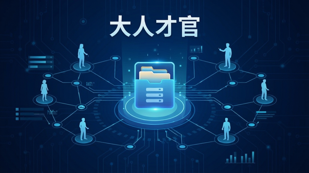 一张以人才数据管理为主题的示意图,画面中心是一个发光的数字档案库图标,周围环绕着人物剪影与数据节点,通过线条相互连接形成网络结构,背景采用深蓝色科技风格,画面中带有“大人才官”文字标识,布局对称均衡,风格简洁专业,细节精致,画质清晰,无多余元素