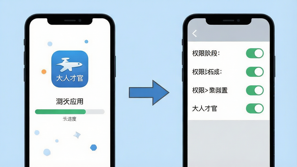 一张展示手机应用安装与权限设置步骤的示意图,画面分为左右两部分,左侧为手机屏幕显示安装进度条,右侧为权限开关面板,中间用箭头连接,背景为浅蓝色,画面中标注“大人才官”应用图标,风格扁平化,布局清晰,细节干净,无多余元素