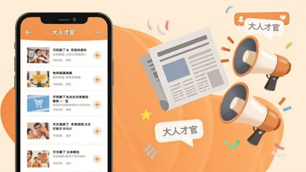 一张表现信息推送与资讯浏览场景的插画,画面左侧是一部手机展示资讯列表界面,右侧漂浮着报纸、喇叭和通知气泡等元素,背景为柔和的橙色与米色搭配,画面中带有“大人才官”字样,风格轻松明快,构图平衡,细节丰富,画质干净,无多余元素