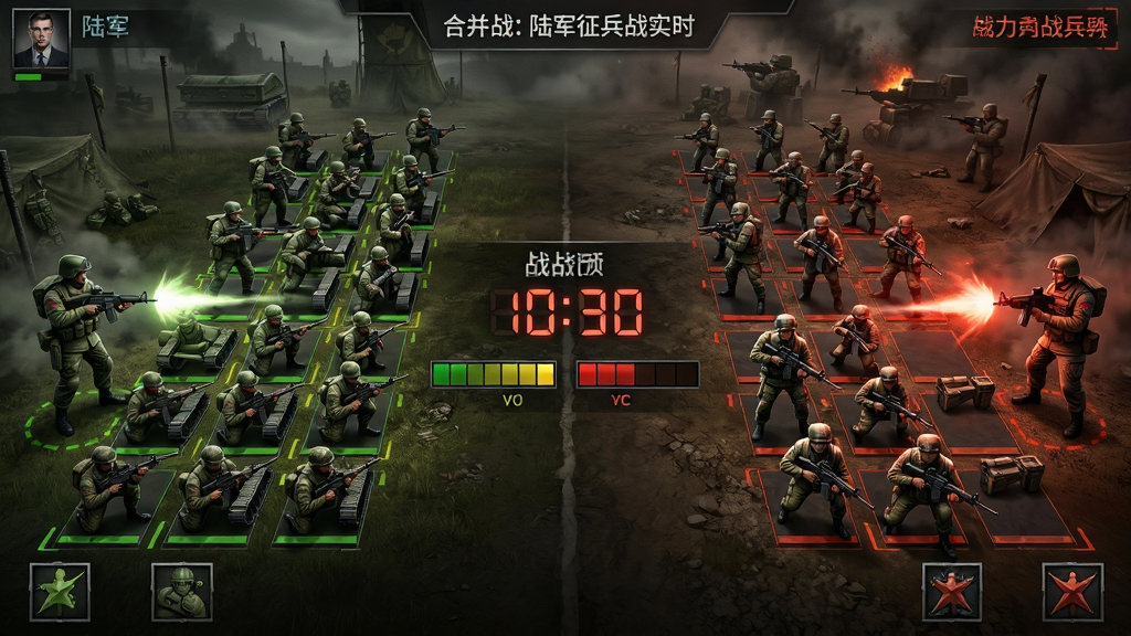 合并战:陆军征兵战实时对战场景,左右两侧分别是玩家和对手的合成阵地,中间有倒计时和战力对比条,双方阵地中排列着不同等级的陆军单位,画面充满紧张的对战氛围,风格为写实军事风,色彩对比强烈,画质细腻,无多余装饰