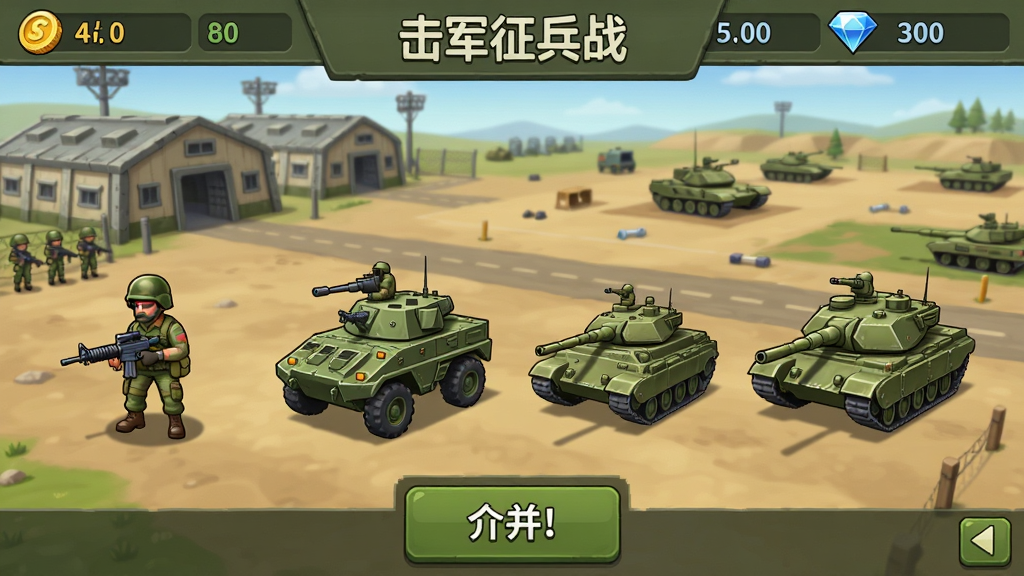合并战:陆军征兵战游戏主界面截图,画面中央摆放着多个不同等级的陆军作战单位,包括步兵、装甲车和坦克,背景是军事基地和训练场,顶部显示金币和钻石资源数量,底部有合并操作按钮,整体采用写实卡通风格,色彩以军绿和沙色为主,画质清晰干净,无多余元素
