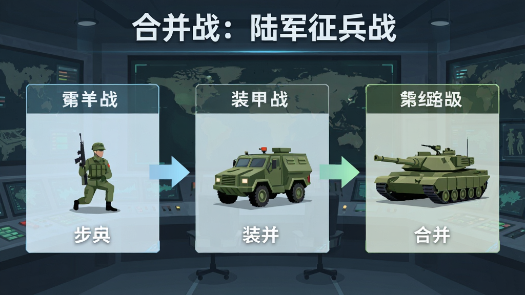 合并战:陆军征兵战合成进化界面,展示从步兵合并为装甲车再合并为坦克的升级路径,画面中有三个面板分别显示不同等级的陆军单位,箭头指向升级方向,背景为军事指挥中心,风格为现代扁平化设计,文字标注“合并战:陆军征兵战”在顶部,画质高清,干净无杂乱