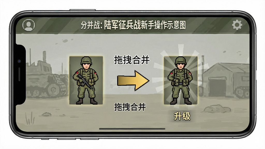合并战:陆军征兵战新手操作示意图,画面展示手机屏幕中玩家正在拖拽两个民兵单位进行合并,旁边有箭头和文字标注“拖拽合并”和“升级”,背景为简洁的军事风格界面,画质清晰,干净无多余元素