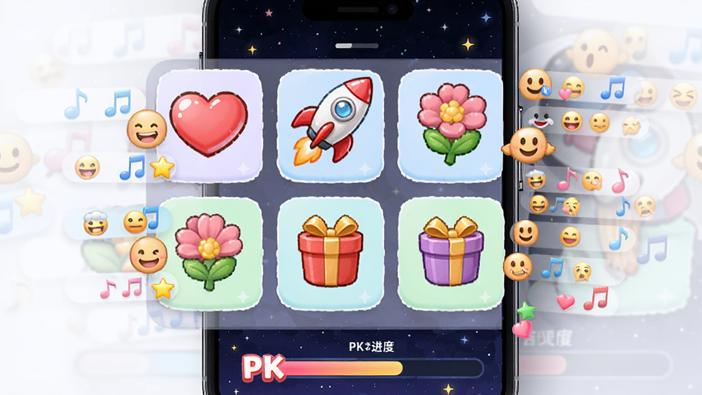 一张CM语音趣味互动功能的界面展示图,画面中一部手机屏幕显示语音房间内的礼物面板,有各种卡通风格的虚拟礼物图标,如爱心、火箭、鲜花等,旁边有表情弹幕飘过,底部有PK进度条,背景为深色星空风格,色彩鲜艳,细节清晰,画质干净,无多余元素。