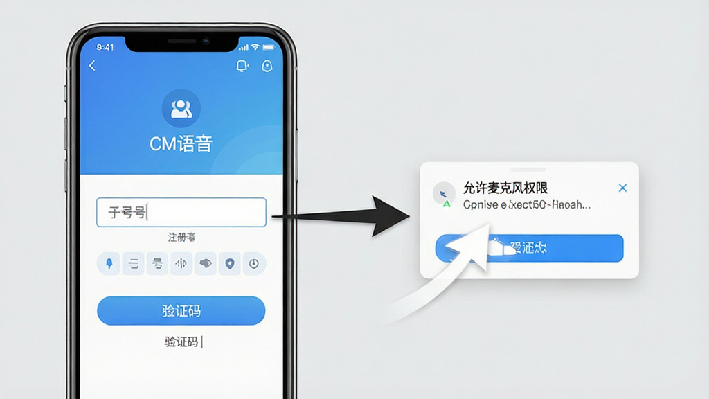 一张CM语音新手操作引导示意图,画面中一部手机屏幕显示CM语音的注册登录页面,有手机号输入框和验证码按钮,旁边有箭头指向“允许麦克风权限”的系统弹窗,整体风格简洁清晰,背景为浅灰色,细节明确,画质干净,无多余元素。