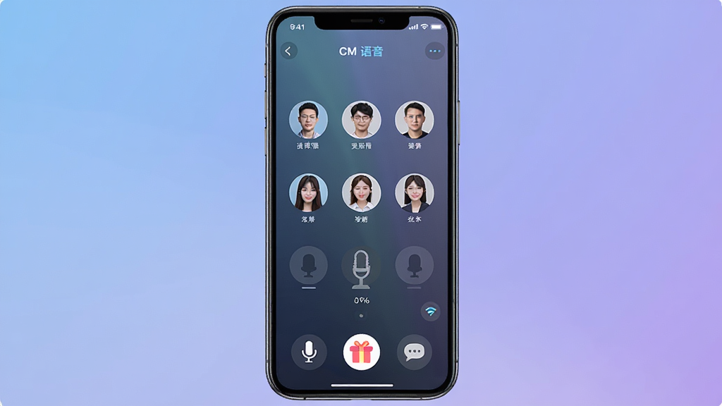 一张展示CM语音应用核心界面的手机预览图,画面中央是一部竖屏智能手机,屏幕内显示CM语音的多人语音聊天室界面,有多个用户头像排列在麦位区域,底部有麦克风、礼物、聊天等操作按钮,背景为柔和的蓝紫色渐变,整体风格清新现代,细节清晰,画质干净,无多余元素。