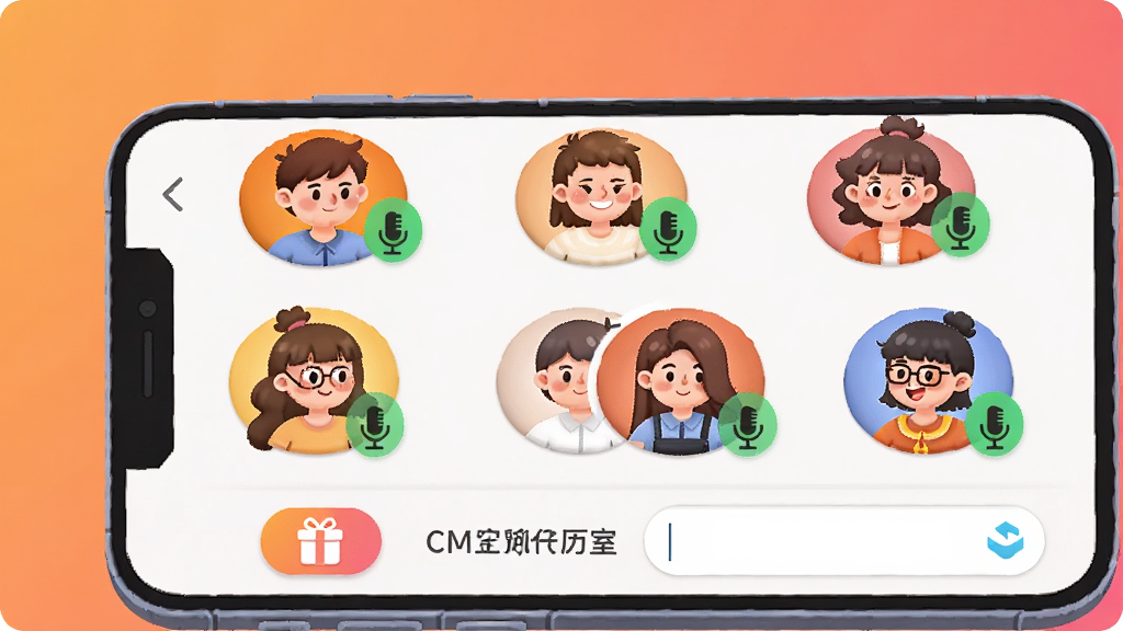 一张CM语音多人语音聊天室的场景插画,画面中一部手机屏幕显示六个圆形麦位,每个麦位上有一个卡通风格的用户头像,部分头像旁有绿色麦克风图标表示正在发言,屏幕下方有礼物按钮和文字输入框,背景为温暖的橙色与粉色渐变,风格活泼明快,细节精致,画质干净,无多余元素。