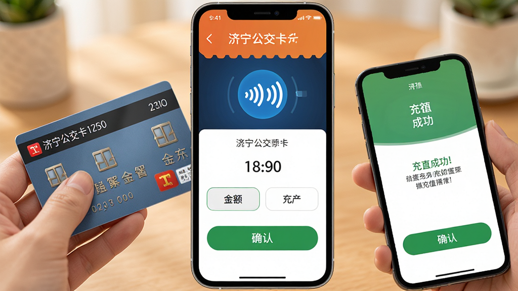 手机屏幕显示济宁公交卡在线充值界面,画面中有实体公交卡和手机NFC感应示意,充值金额选项和确认按钮清晰可见,布局以手机为中心,排版突出充值流程,风格为温暖生活风,细节包括余额数字和充值成功提示,画质高清干净,无多余元素