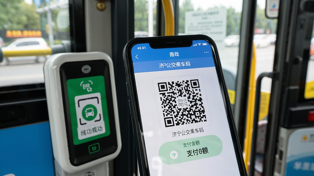 手机屏幕显示济宁公交乘车码界面,二维码位于屏幕中央,周围有公交扫码设备示意,背景为公交车门口场景,布局突出二维码区域,排版简洁明了,风格为生活化写实风,细节包括绿色扫码成功标识和支付金额显示,画质高清干净,无多余元素