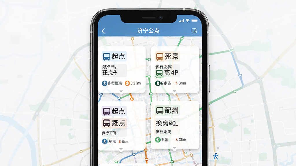 手机界面展示济宁公交线路规划页面,屏幕中显示起点到终点的多条换乘方案,每条方案包含公交线路编号、步行距离和预计时间,背景为城市地图,布局以上下卡片形式排列,排版整齐对比清晰,风格为清爽商务风,细节包括不同颜色区分线路和步行图标,画质高清干净,无多余元素
