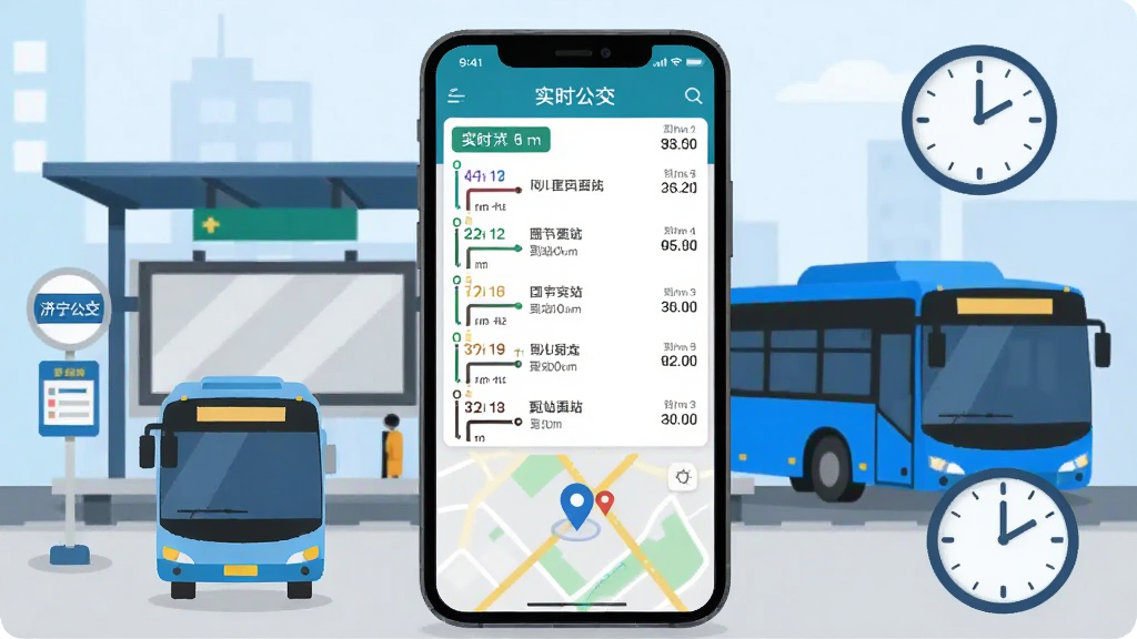 手机屏幕显示济宁公交应用主界面,背景是城市公交站台和蓝色公交车,画面中央展示实时公交线路列表和地图定位图标,布局上手机居中放置,周围环绕公交车、站牌、时钟等元素,排版简洁现代,风格为扁平化科技风,细节包括清晰的线路编号和到站时间数字,画质高清干净,无多余元素