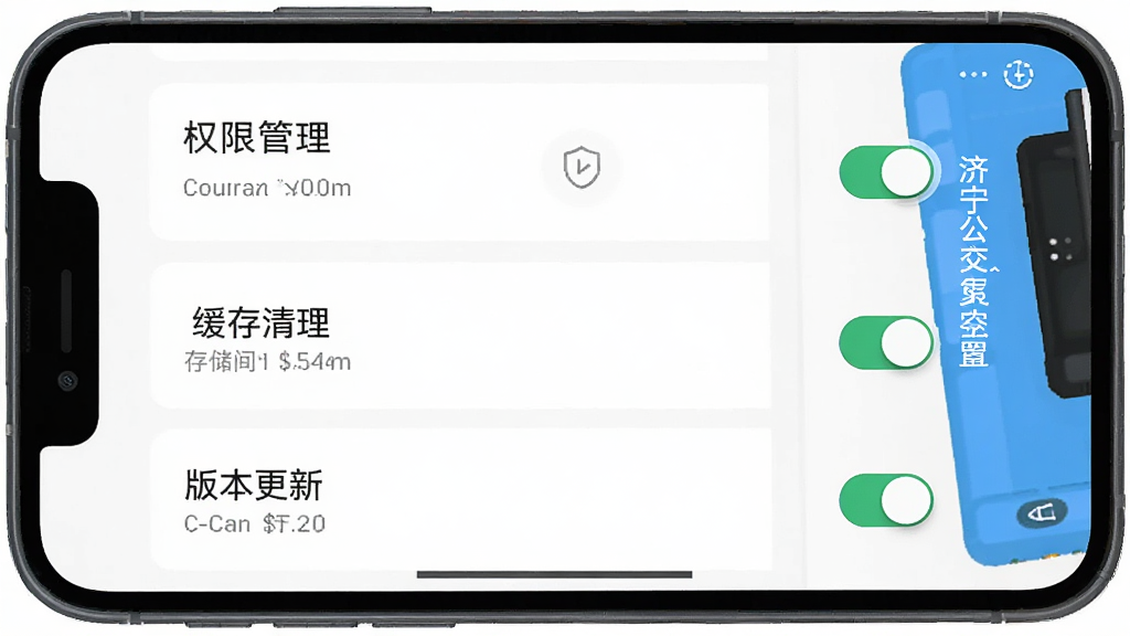 手机屏幕显示济宁公交应用设置页面,画面中有权限管理、缓存清理和版本更新选项,背景为简洁的手机系统界面,布局以列表形式呈现,排版清晰易读,风格为扁平化工具风,细节包括开关按钮和存储空间数字,画质高清干净,无多余元素