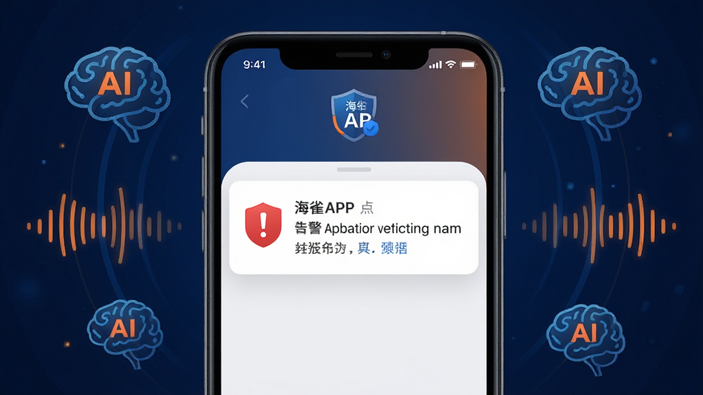 手机屏幕显示海雀APP的告警推送通知界面,通知内容带有红色感叹号和盾牌图标,手机周围有抽象的AI大脑图标和声波图标,整体风格科技感强,配色以深蓝和橙色点缀,布局居中,排版清晰,细节精致,画质高清,干净,无多余元素