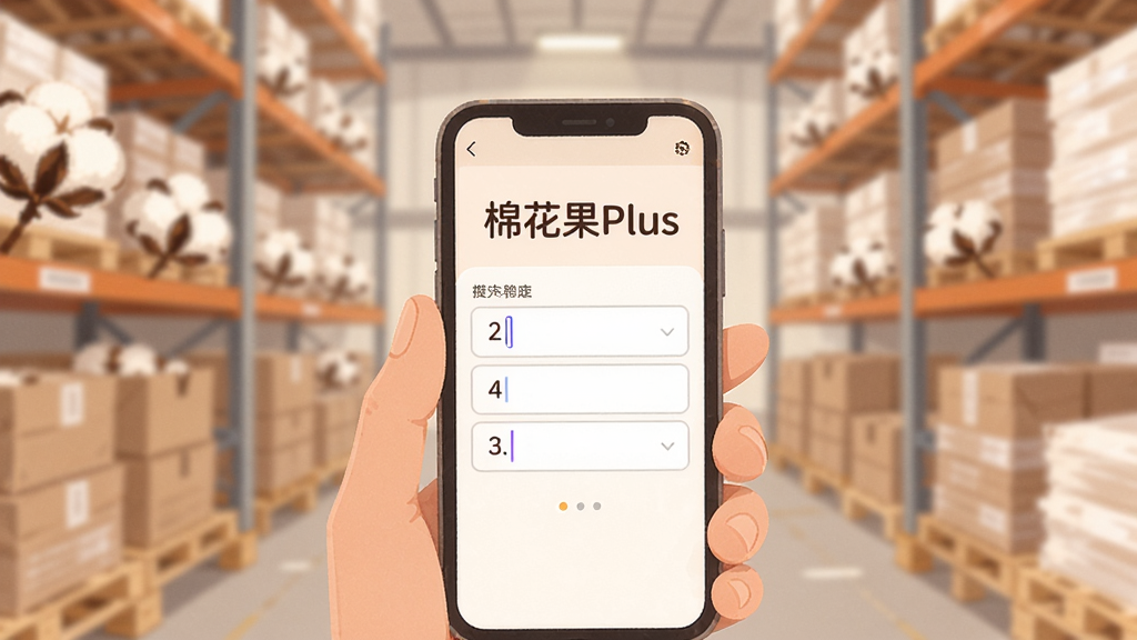 一张表现数据录入场景的插画,画面中一只手拿着手机,屏幕上显示“棉花果Plus”文字和数字输入框,背景是虚化的棉花仓库货架,色调温暖柔和,风格扁平化,细节干净,画质清晰。