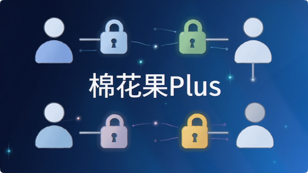 一张表现权限管理概念的图片,画面中有多个抽象的人物图标,分别连接着不同的功能锁图标,中间是“棉花果Plus”字样,背景为深蓝色渐变,风格科技感、简洁,画质清晰。