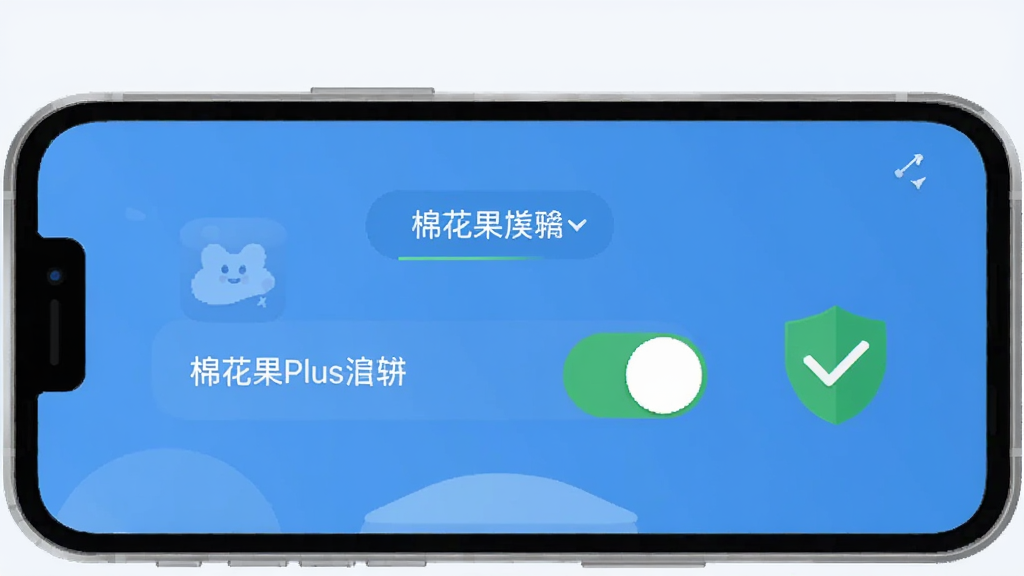 一张表现手机应用安装设置界面的示意图,画面中手机屏幕显示“棉花果Plus”安装权限开关,旁边有盾牌和勾选图标,背景为浅色,风格扁平化,细节清晰,画质干净。