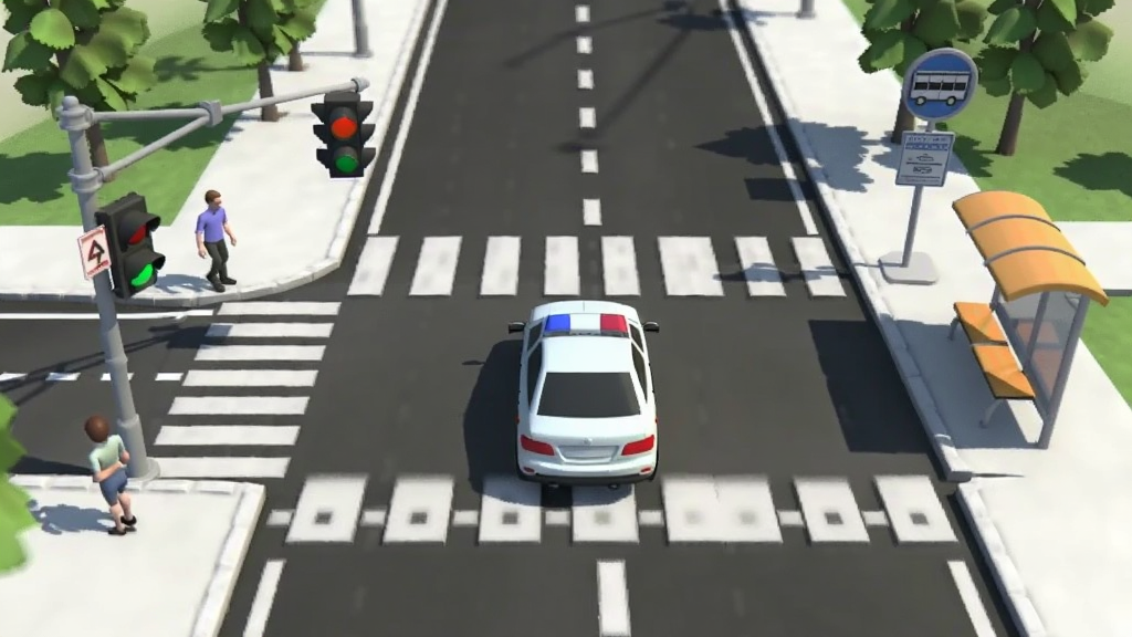 主体为3D驾驶课2的城市道路场景,画面中央是一辆教练车正在通过十字路口,左侧有红绿灯与斑马线,右侧有公交站牌;布局为俯视略带透视的视角;排版以道路场景为主体;风格三维写实渲染;细节包含车道线、行人、路边树木、交通指示牌;画质清晰、干净、无多余元素