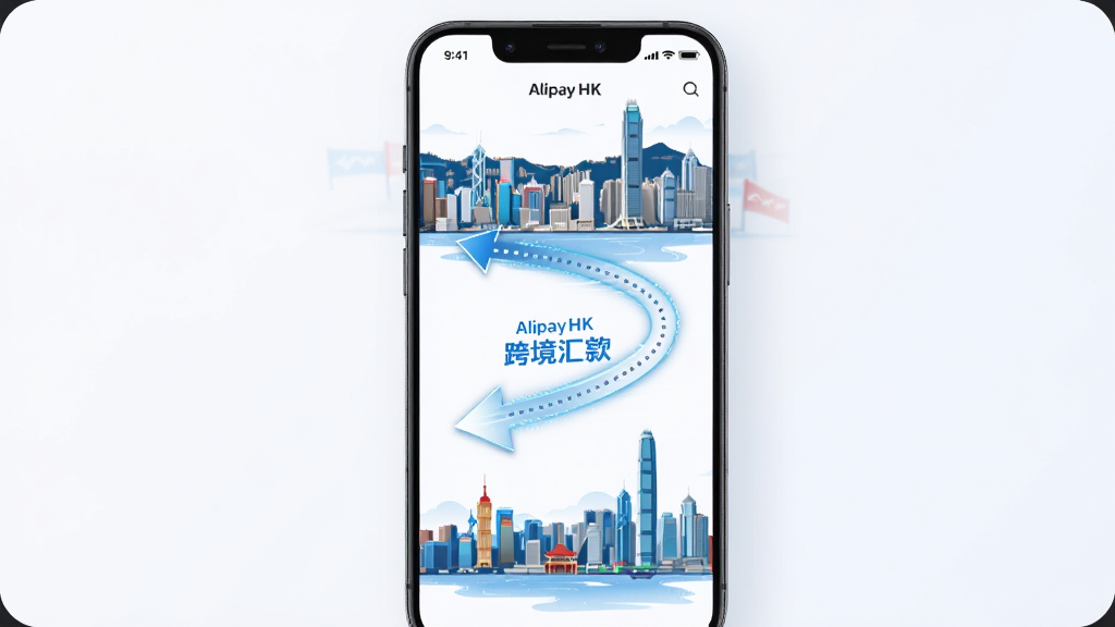 һ��AlipayHK�羳���ܵĽ���չʾͼ������Ϊ�ֻ���Ļ����ʾ����۵��ڵصĻ��·��ͼ�����ֲ����������У��Ϸ�Ϊ��۵ر꽨�����·�Ϊ�ڵس�������ߣ��м������߼�ͷ���Ӳ���ע�������Ϊ�ִ��廭�磬ϸ���ϼ�ͷ���й�Ч�����У�����Ϊǳɫ������Ϊ���壬����ɾ�����
