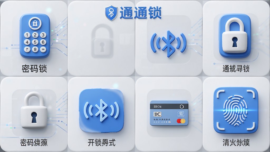 通通锁多种开锁方式展示,画面以网格布局呈现四种开锁方式图标,分别是密码键盘、蓝牙信号、IC卡片和指纹识别,每个图标下方标注对应文字说明,画面中央顶部有“通通锁”品牌标识,整体风格简洁现代,浅灰与蓝色配色,图标立体感强,排版整齐,高清画质,无杂乱元素