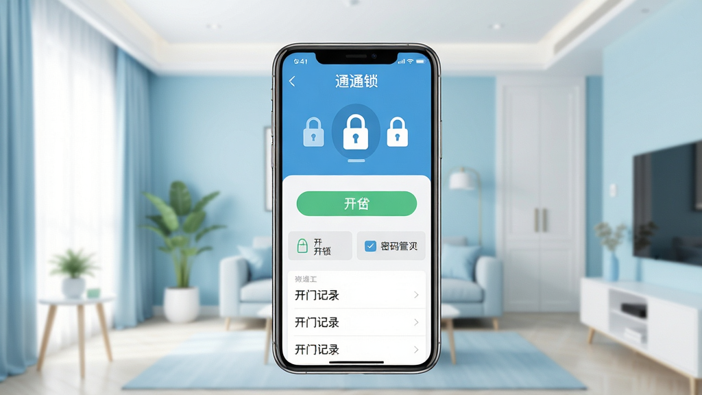 通通锁软件主界面展示,画面中央是一部智能手机,屏幕上显示通通锁APP的门锁管理首页,包含门锁图标、开锁按钮、密码管理入口和开门记录列表,背景为现代家居环境,浅蓝色与白色为主色调,扁平化设计风格,界面干净整洁,文字清晰标注“通通锁”,画面明亮,细节丰富,高清画质,无多余元素