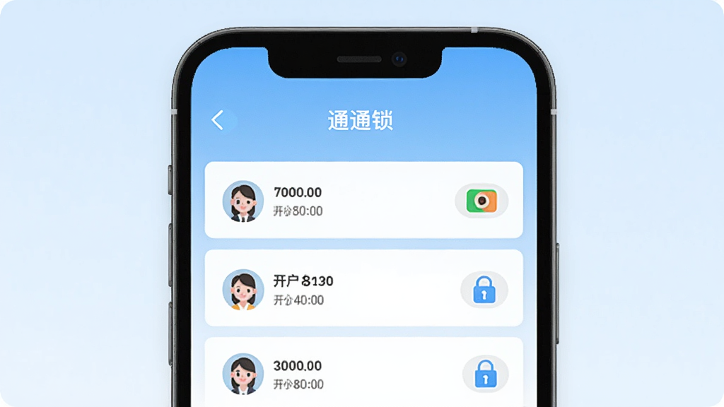 通通锁开门记录查询界面展示,手机屏幕显示通通锁APP的开门记录列表,每条记录包含时间、用户头像和开锁方式图标,背景为淡蓝色渐变,界面清爽,顶部有“通通锁”标题,列表排列整齐,信息一目了然,扁平化设计风格,高清画质,无多余装饰元素