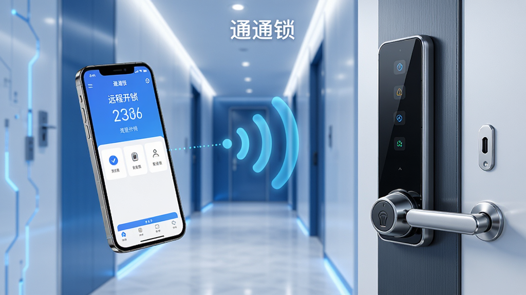 通通锁远程管理功能展示,画面中一部手机悬浮在画面左侧,屏幕显示通通锁APP远程开锁界面,右侧是一扇现代智能门锁,门锁上方有无线信号波纹连接手机,背景为简洁的室内走廊,蓝白色调,科技感风格,画面中标注“通通锁”字样,布局左右呼应,细节清晰,高清画质,干净无多余元素