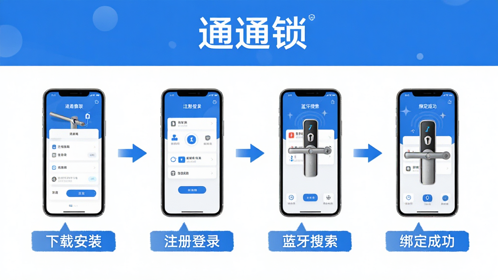 通通锁安装绑定流程示意图,画面以步骤图形式展示,从左到右依次为下载安装、注册登录、蓝牙搜索、绑定成功四个环节,每个步骤配有手机界面小图和简短文字说明,画面顶部有“通通锁”品牌文字,整体风格清新简洁,蓝白配色,步骤清晰,高清画质,无多余元素