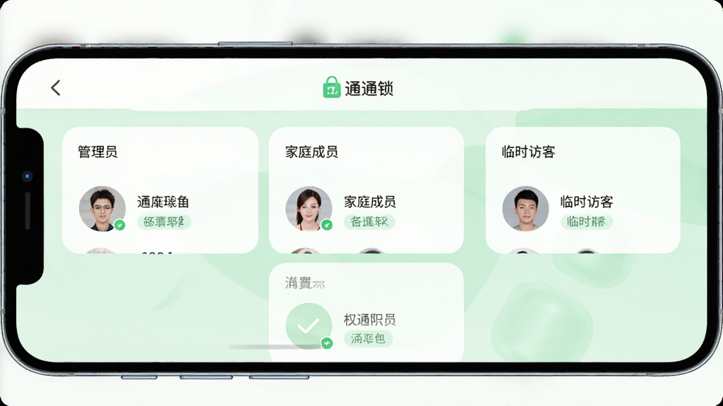 通通锁成员权限管理界面展示,手机屏幕显示通通锁APP成员管理页面,包含管理员、家庭成员、临时访客三个分组,每组下方有对应成员头像和权限标签,背景为白色与浅绿色搭配,界面干净,顶部有“通通锁”标识,排版清晰,风格简约,高清画质,无多余元素