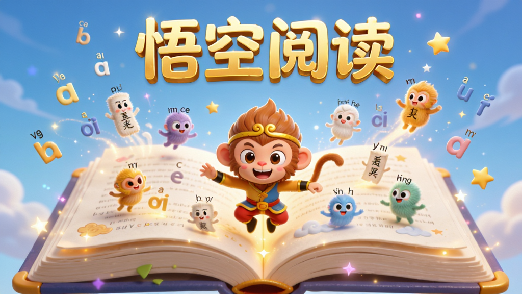 画面主体是一本巨大的发光故事书,书页中跳出孙悟空卡通形象与各种文字精灵,布局采用中心放射构图,排版将软件名称“悟空阅读”以金色立体字放在画面正上方,风格为3D卡通渲染,细节包括书本边缘的柔和光晕、飘浮的拼音字母与星星,画质4K超清,干净明亮,无多余元素