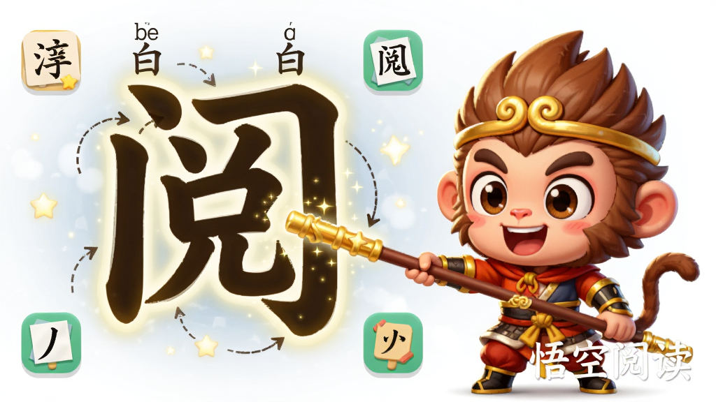 画面主体是悟空卡通形象手持金箍棒指向一个巨大的汉字“阅”,汉字周围环绕着拼音、笔顺动画和识字小游戏图标,布局为左右分布,排版将“悟空阅读”作为水印放在右下角,风格为Q版卡通,细节包括悟空的表情生动、汉字发光、星星粒子特效,画质超清,干净明亮,无多余元素