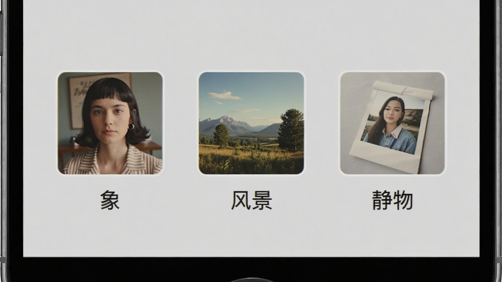 撕拉片相机模式选择界面,手机屏幕中展示人像、风景、静物三种拍摄模式图标,每个图标配有对应的场景小图,背景为浅灰色,界面干净整洁,风格现代复古,细节清晰,画质细腻,干净,无多余元素