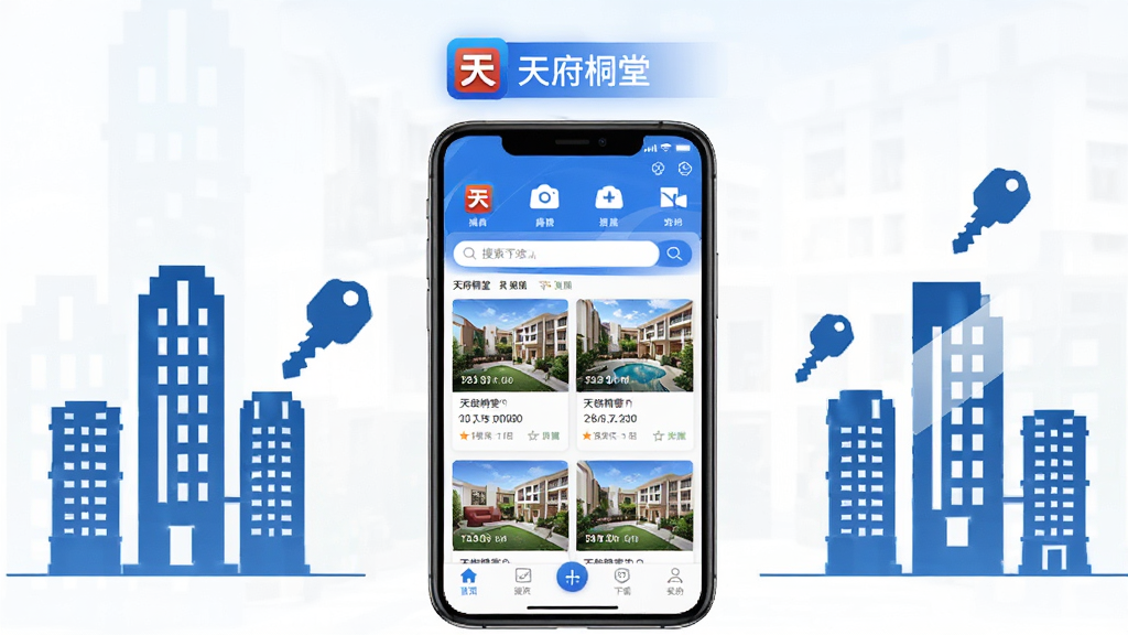 天府桐堂安卓版下载安装界面展示,主体为一部智能手机屏幕显示天府桐堂APP首页房源列表页面,布局采用居中手机展示搭配左右两侧楼盘剪影与钥匙图标点缀,排版上方为软件名称标题下方为功能图标横排,风格为现代简约科技蓝白配色,细节包含清晰的房源卡片、搜索框与底部导航栏,画质高清干净无多余元素