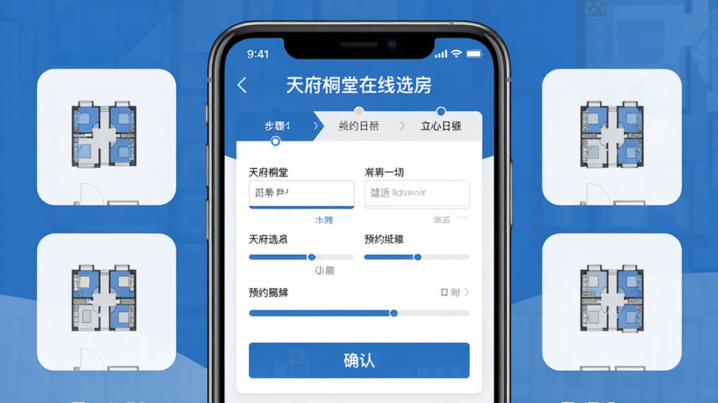 天府桐堂APP选房功能界面展示,主体为手机屏幕显示选房登记表单与预约日历,布局为手机居中左右两侧分布户型图图标与确认按钮,排版上方标题“天府桐堂在线选房”下方为步骤指引条,风格为扁平化商务蓝配色,细节包含清晰的表单字段与进度条,画质高清干净无多余元素