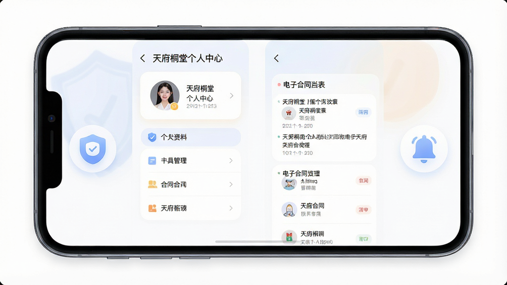 天府桐堂APP个人中心与合同管理界面,主体为手机屏幕显示个人资料页与电子合同列表,布局为手机居中左右两侧分布盾牌安全图标与消息铃铛图标,排版上方标题“天府桐堂个人中心”下方为菜单列表,风格为柔和圆角浅色系配色,细节包含清晰的头像区域与功能入口,画质高清干净无多余元素