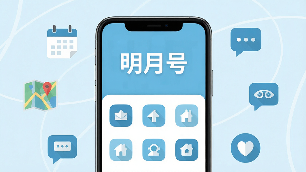 画面中央是一部智能手机,屏幕上展示着明月号应用的首页界面,界面布局清晰,上方有醒目的明月号文字标识,下方排列着多个功能图标。手机周围环绕着简洁的扁平化图标元素,如日历、地图、消息气泡等,代表便民服务功能。整体采用清新浅蓝色调,风格简约现代,画面干净整洁,分辨率高,无多余装饰元素。