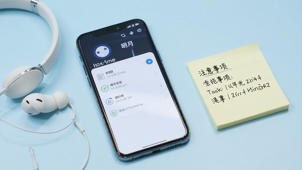 一部手机屏幕显示明月号的设置页面,页面上有权限管理、缓存清理、通知设置等选项,手机旁边放着一副耳机和一张便签纸,便签上写着注意事项。整体风格清新简洁,背景为淡蓝色,画面干净,突出操作指引的氛围,画质清晰。