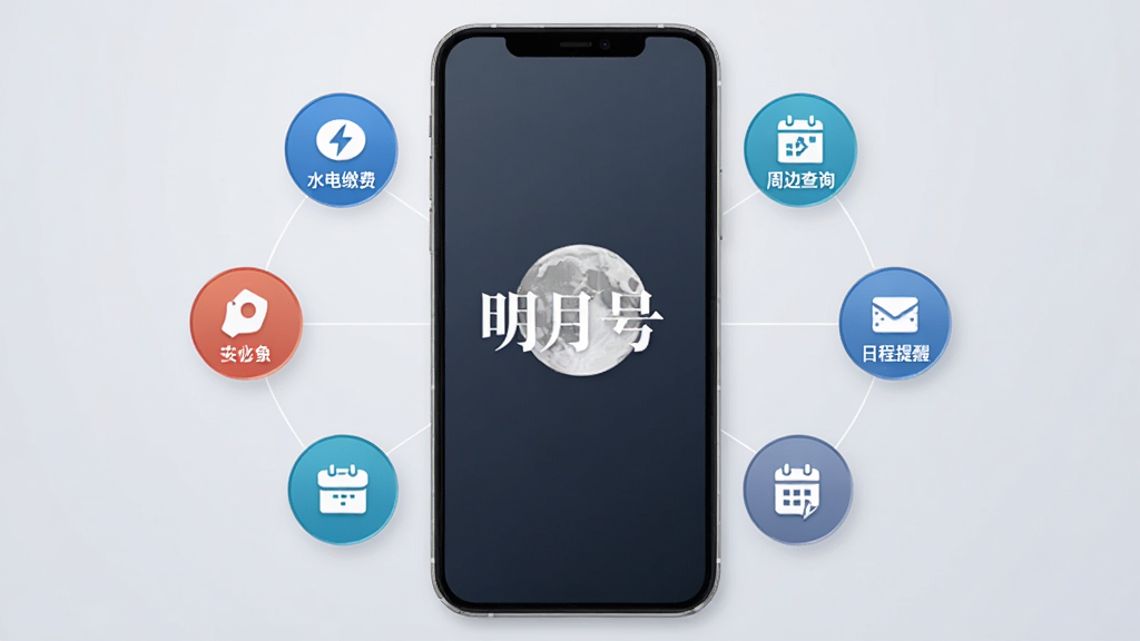 画面展示一个手机应用界面,界面中央有明月号文字标识,四周分布着代表不同生活服务功能的圆形图标,如水电缴费、周边查询、日程提醒等,图标之间用细线连接,形成聚合效果。背景为柔和的浅灰色,风格简洁商务,画面干净,突出功能整合的概念,画质清晰。