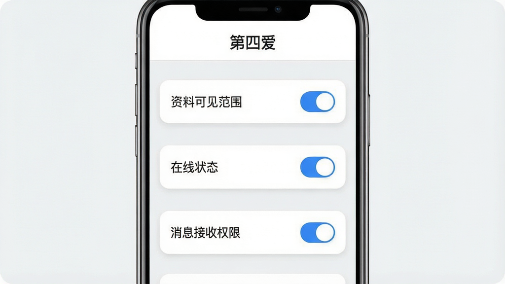 一张展示“第四爱”隐私设置界面的预览图,画面主体为手机屏幕,屏幕内显示多个开关选项,包括“资料可见范围”“在线状态”“消息接收权限”,顶部有“第四爱”字样,布局为竖版居中,风格简约商务,色调以白、浅灰、蓝为主,细节包含开关按钮、列表分隔线、圆角卡片,画质清晰干净,无多余元素