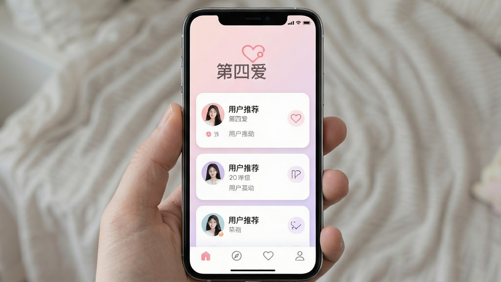 一张手机屏幕正中央显示“第四爱”应用主界面的预览图,整体布局为竖版手机展示,上方是应用名称“第四爱”和简约的心形连接图标,中部是卡片式用户推荐列表,底部是底部导航栏,风格清新柔和,色调以浅粉、白、浅紫为主,细节包含圆角卡片、头像圆形裁切、简约线条图标,画质清晰干净,无多余元素