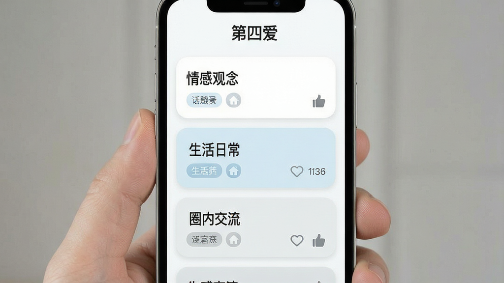 一张展示“第四爱”话题广场界面的预览图,画面主体为手机屏幕,屏幕内显示多个话题卡片,卡片上写有“情感观念”“生活日常”“圈内交流”等字样,顶部有“第四爱”标识,布局为竖版居中,风格清爽素雅,色调以白、浅蓝、浅灰为主,细节包含圆角卡片、话题标签、点赞图标,画质清晰干净,无多余元素