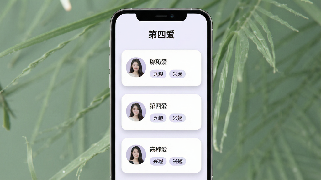 一张展示“第四爱”匹配推荐界面的预览图,画面主体为手机屏幕,屏幕内显示三张用户卡片纵向排列,卡片上有头像、昵称、兴趣标签,界面顶部有“第四爱”字样,布局为居中竖版,风格简约清新,色调以白色和浅紫色为主,细节包含圆角边框、标签胶囊、柔和阴影,画质清晰干净,无多余元素