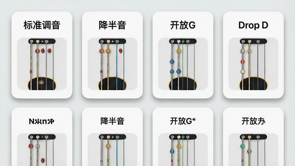 吉他调音器应用内调音模式选择界面,画面中并排展示多个调音预设卡片,卡片上分别写有“标准调音”“降半音”“开放G”“Drop D”等文字,每张卡片配有对应吉他琴弦示意图,背景为浅灰色,布局为网格排列,风格为简约卡片式设计,细节上卡片带有轻微阴影和圆角,画质清晰干净,无多余元素