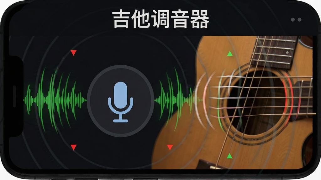 吉他调音器应用内高精度拾音界面,画面中央为手机麦克风图标与声波扩散图形,旁边有一把吉他琴弦正在振动,界面用绿色和红色区分音准高低,顶部标注“吉他调音器”字样,背景为深色,布局采用上下结构,风格为科技感UI,细节上声波呈同心圆扩散,画质干净清晰,无多余元素