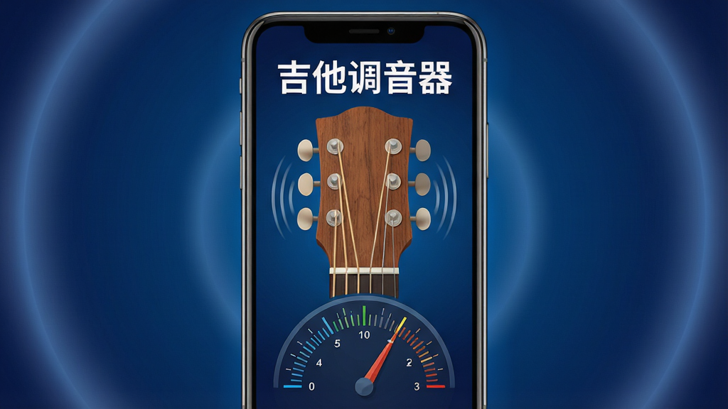 手机屏幕居中显示吉他调音器应用界面,界面中有一把木吉他琴头特写,六根琴弦清晰可见,屏幕上方用大字标注“吉他调音器”,下方有指针式调音表盘从低到高排列,背景为深蓝色渐变,四周环绕柔和光晕,整体布局简洁对称,风格为现代扁平化科技风,细节上琴弦带有轻微振动波纹,画质清晰干净,无多余元素