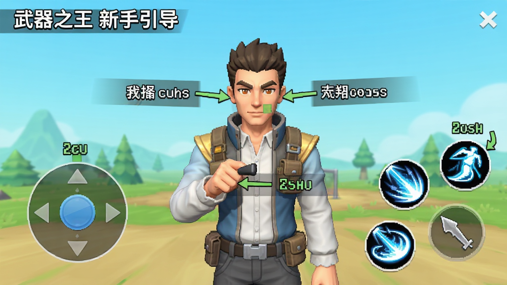 武器之王新手引导界面截图,画面中一位导师角色正在向玩家讲解操作要领,屏幕上有虚拟摇杆与技能按钮的标注说明,风格简洁明快,排版清晰,画质干净