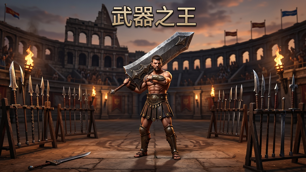 武器之王游戏主界面截图,画面中央展示一位手持巨剑的战士站在竞技场中央,四周环绕着冷兵器架与火把,背景为黄昏时分的古罗马风格竞技场,画面风格写实厚重,细节丰富,画质清晰干净,无多余元素