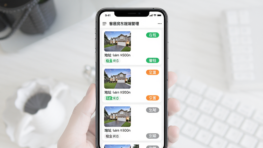 睿居房东端房源管理功能界面,画面中心为手机屏幕展示多套房源列表,每套房源配有缩略图、地址、租金、状态标签,布局采用垂直列表,排版规整,风格清爽现代,细节有绿色在租标签、橙色空置标签、灰色到期标签,画质清晰,干净,无多余元素