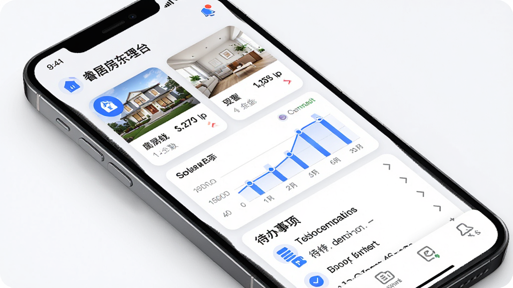 睿居房东端手机应用界面展示,主体为一部智能手机,屏幕显示房屋租赁管理后台首页,布局包含房源卡片、租金统计图表、待办事项列表,排版清晰有序,风格现代简约商务,细节有蓝色主色调图标、圆角卡片设计、数据可视化图形,画质高清,干净,无多余元素